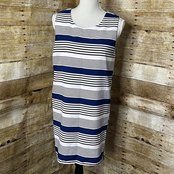 SANS SOUCI STRIPED CASUAL CLASSIC EVERYDAY WEAR SLEEVELESS COASTAL SHIFT DRESS - Picture 1 of 4